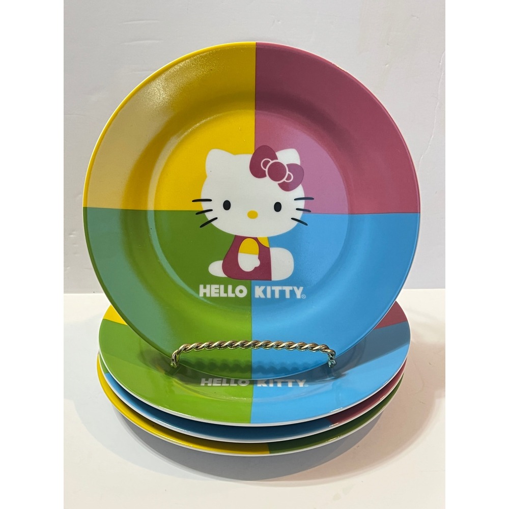 Hello Kitty Sanrio PPD Porcelain Colorblock Plates Set of 4 Pink Yellow Blue